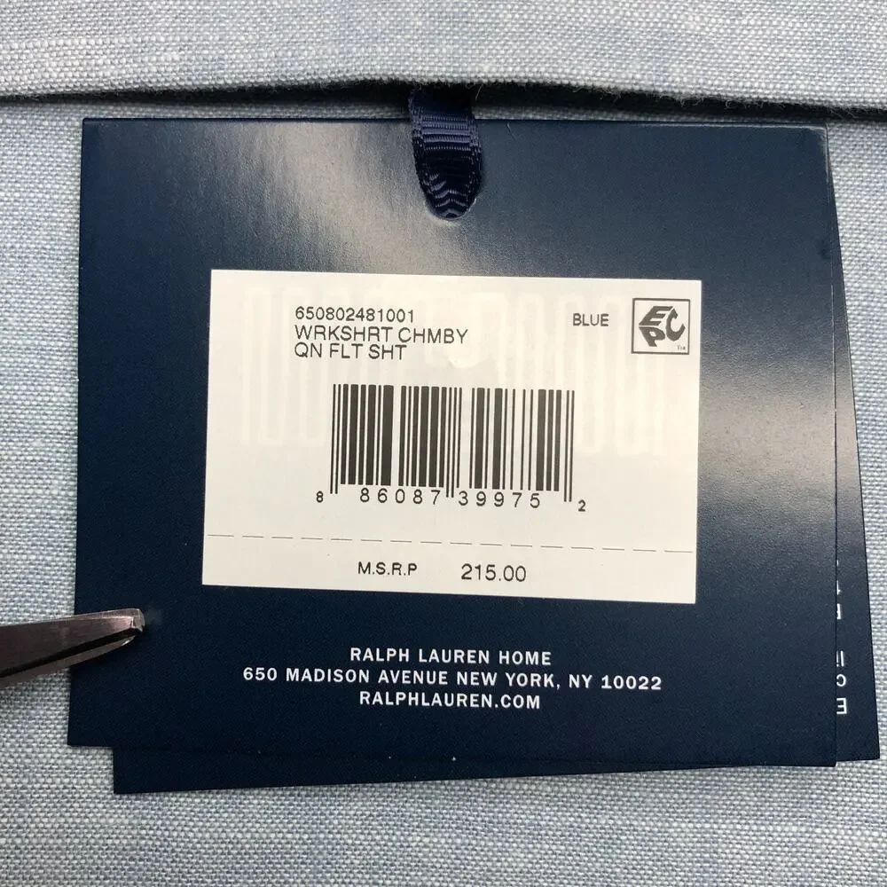 New Ralph Lauren Home Queen Flat Sheet Workshirt Chambray Blue